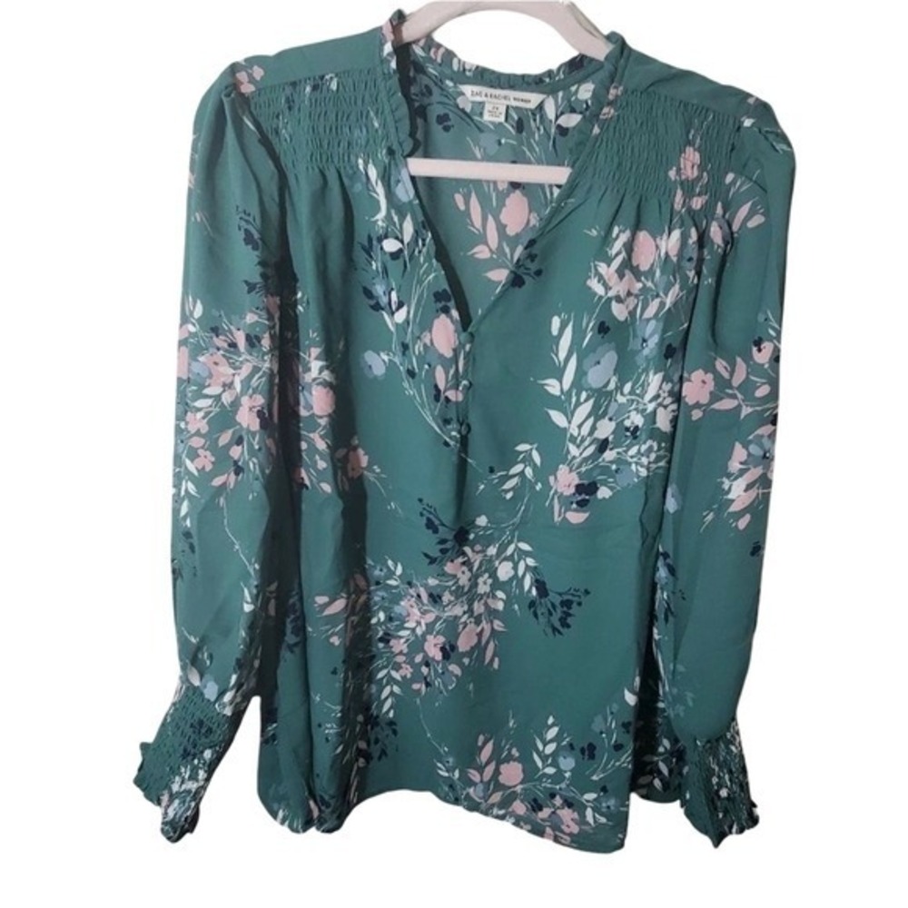 Zac & Rachel‎ Woman Green Floral Smocked V Neck Long Sleeve Blouse Plus Size 2X
